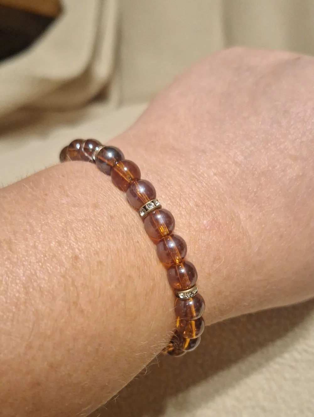 Amber Glass Bead Stretch Bracelet with Rhinestone Accents - Women Jewelry